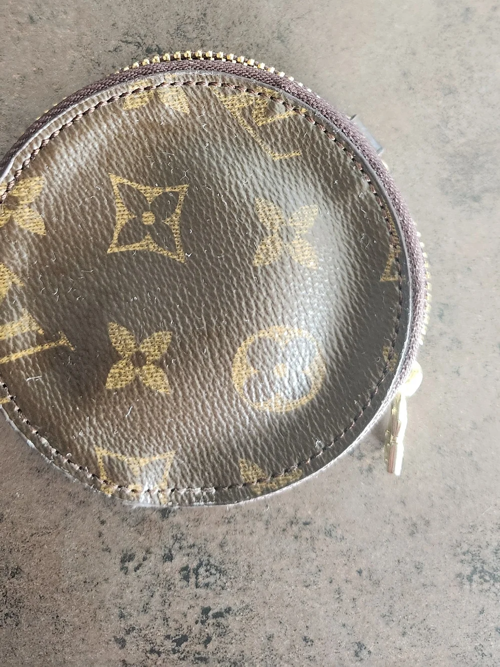 Designer Inspired Faux Monogram Round Zip Coin Pouch - Brown/Gold